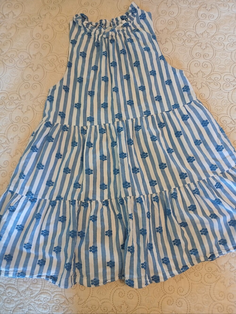 Blue and White Striped Floral Tiered Mini Dress